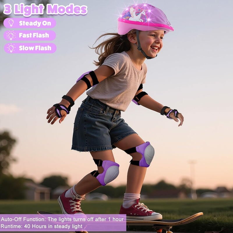 EllaSeek خوذة للأطفال، خوذة أطفال مع أضواء LED، خوذات دراجات مع مجموعة واقيات ركب وأكواع للأطفال من 3-5-8 سنوات للفتيات، خوذات دراجات، سكوتر، لوح تزلج - Image 2